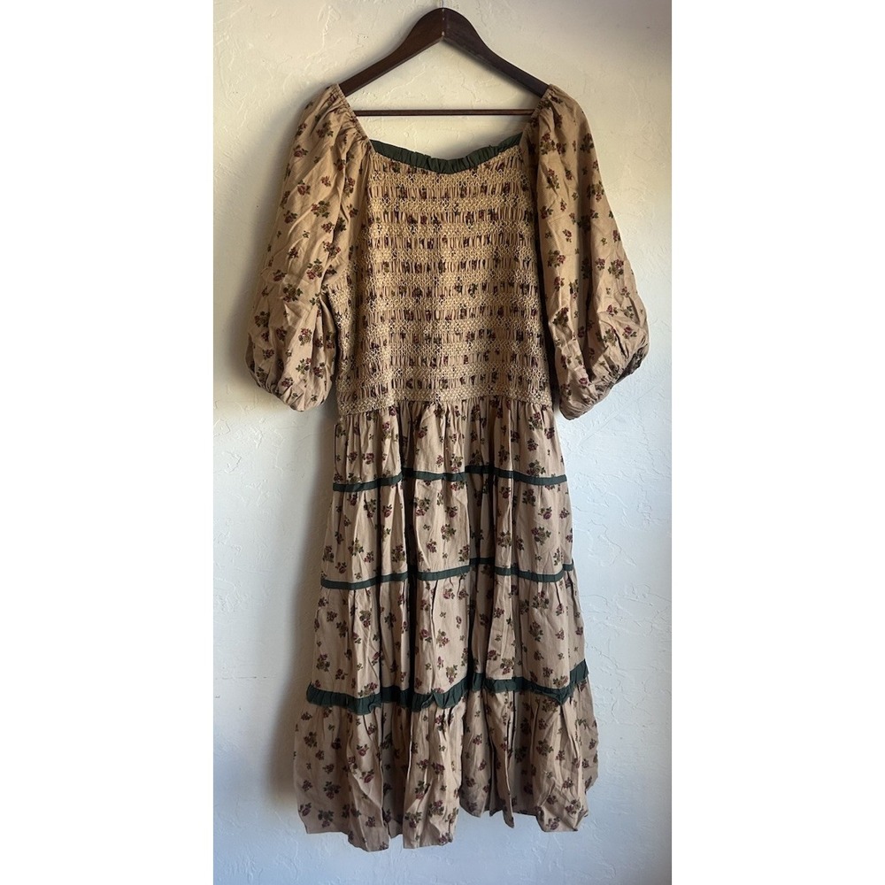 Ivy City Co Roselyn Dress 2X NWT Tan Floral Midi Tiered Cottagecore Prairie Puff - Picture 2 of 9